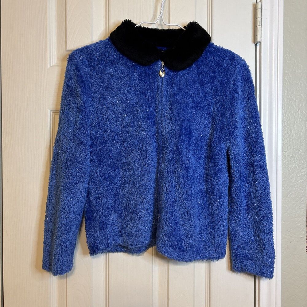Christie Brooks Medium 10-12 Blue & Black Shaggy Zip-Up Sweater Faux Fur Y2K